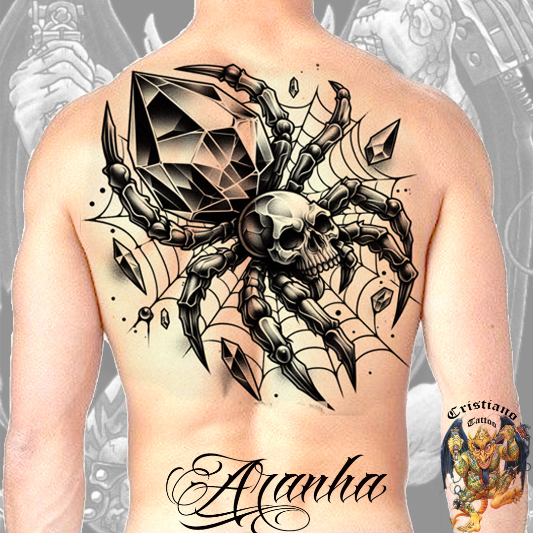 Aranha estilizada com cabeça de caveira e corpo forma diamante - Tatuagem - Desenho - meio costas