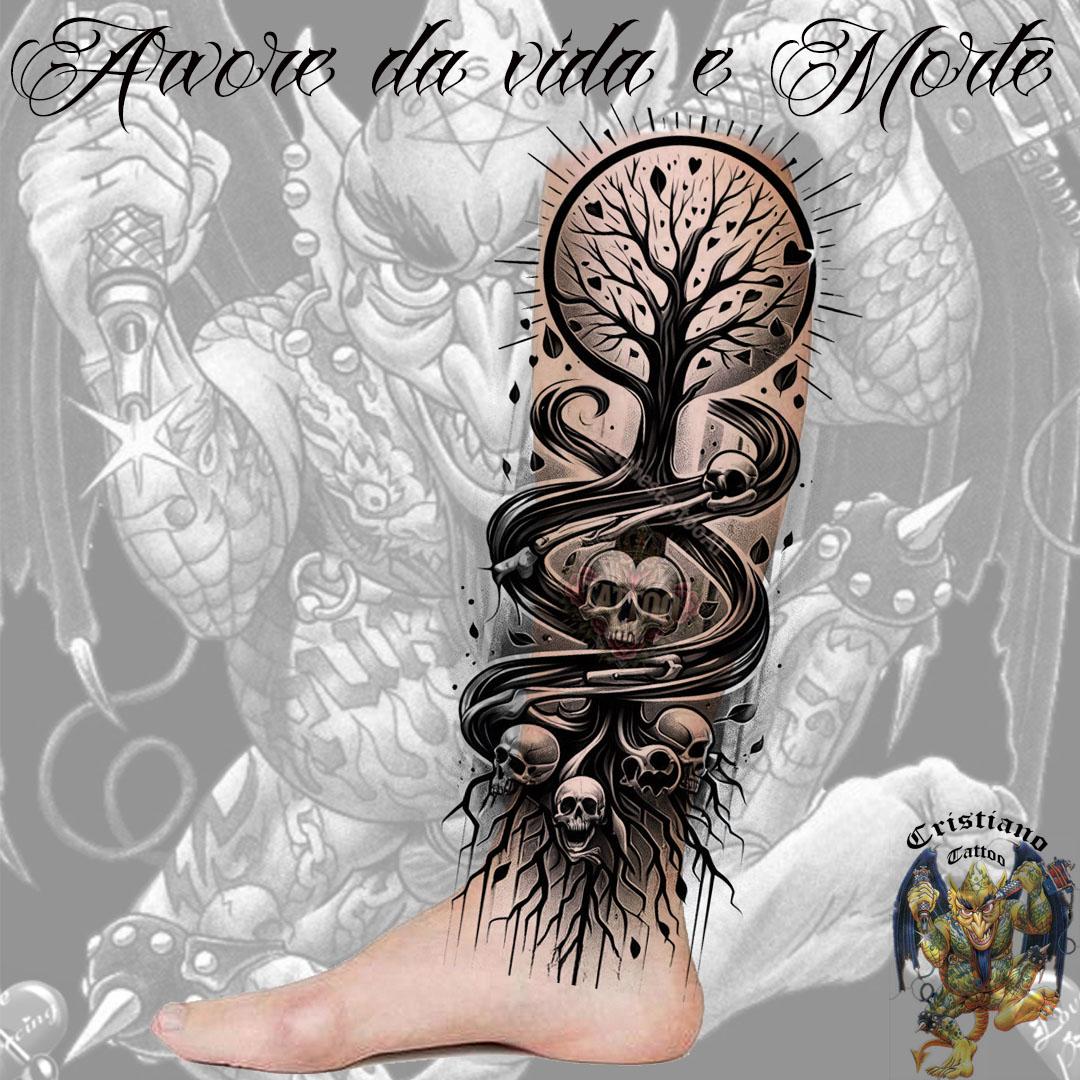 Arvore da vida e Morte caveiras - Tatuagem na Perna - Desenho