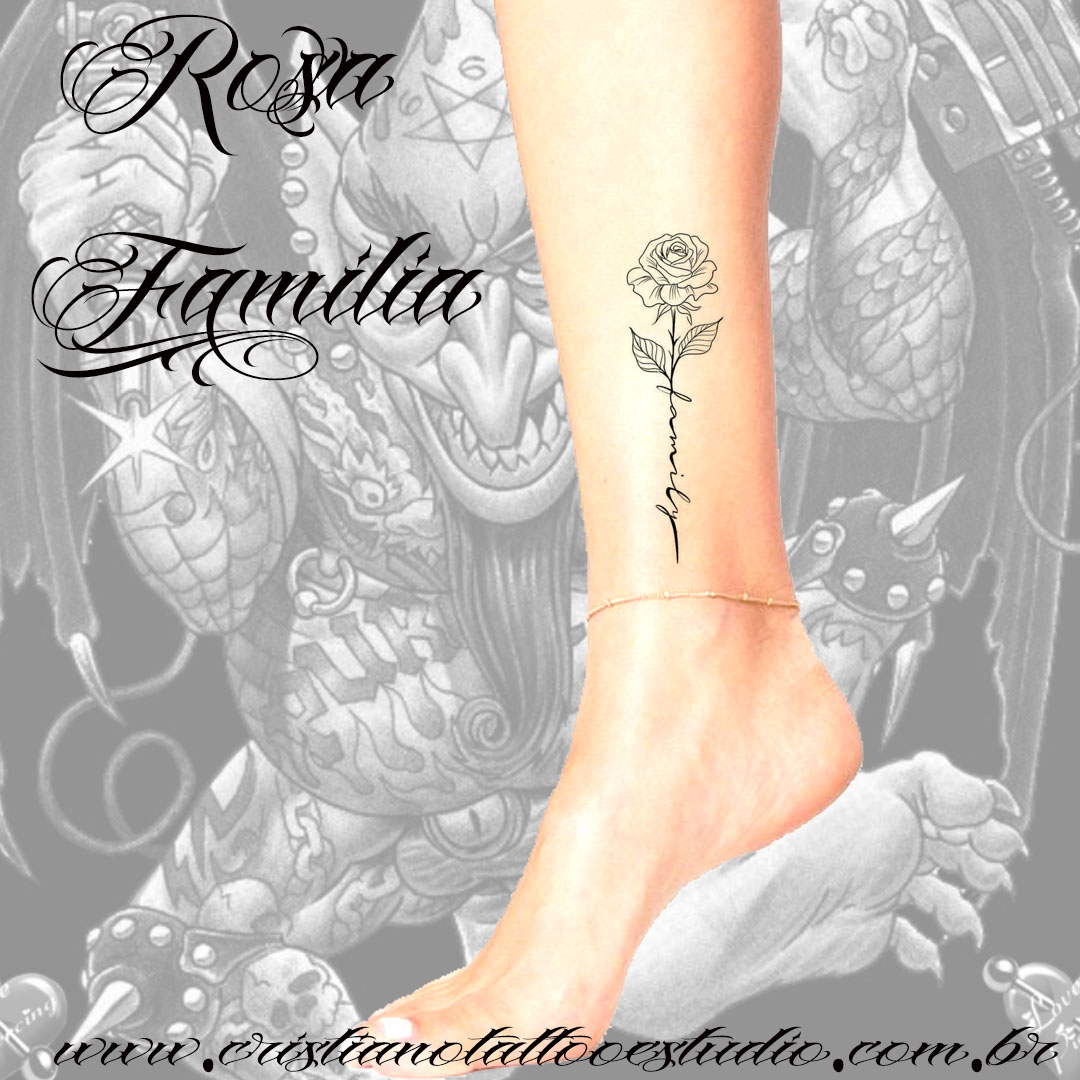 Botão Rosa escrita Familia - Tatuagem - tornozelo - Desenho