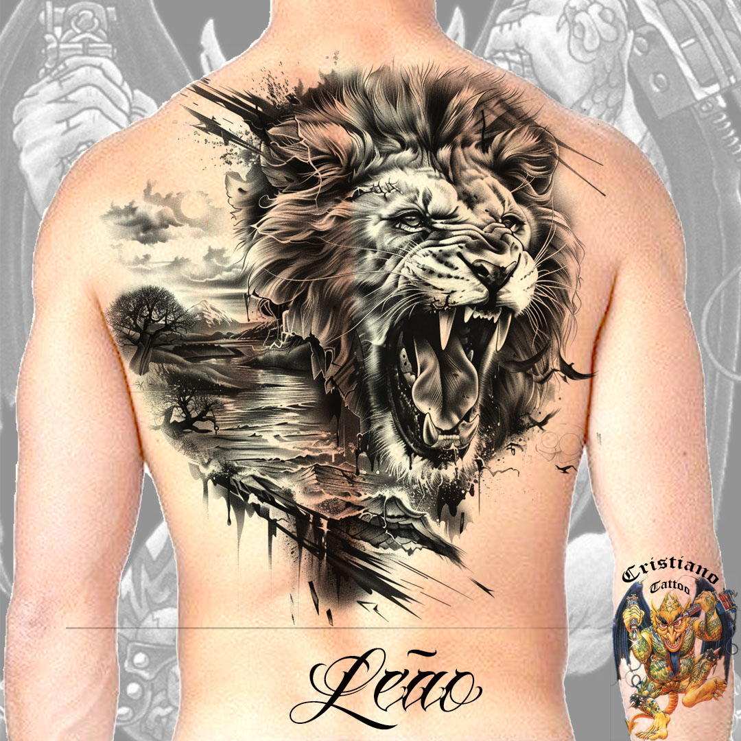 Cabeça do Leão e rio com montanha em baixo - Tatuagem nas costas - Desenho