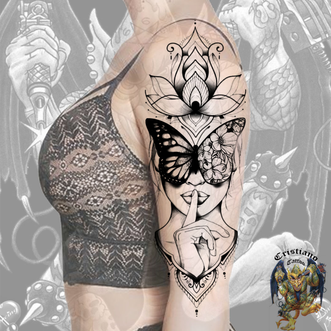 Flor de lotus + Borboleta com floral na ana +Retrato + Mandala - Desenho - Tattoo - Braço