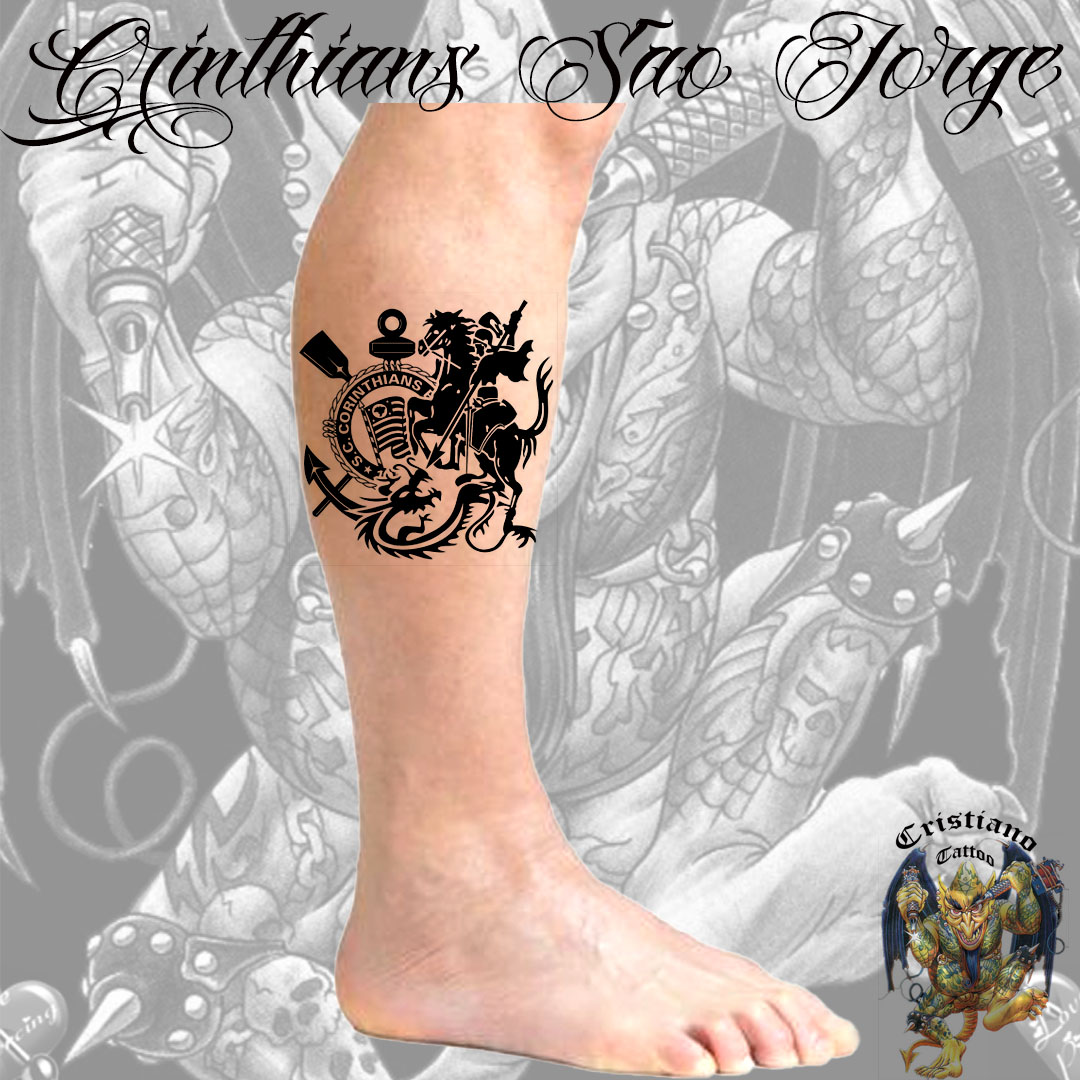 Time Corinthians com Guerreiro São Jorge com dragão - Tattoo - Desenho - Perna