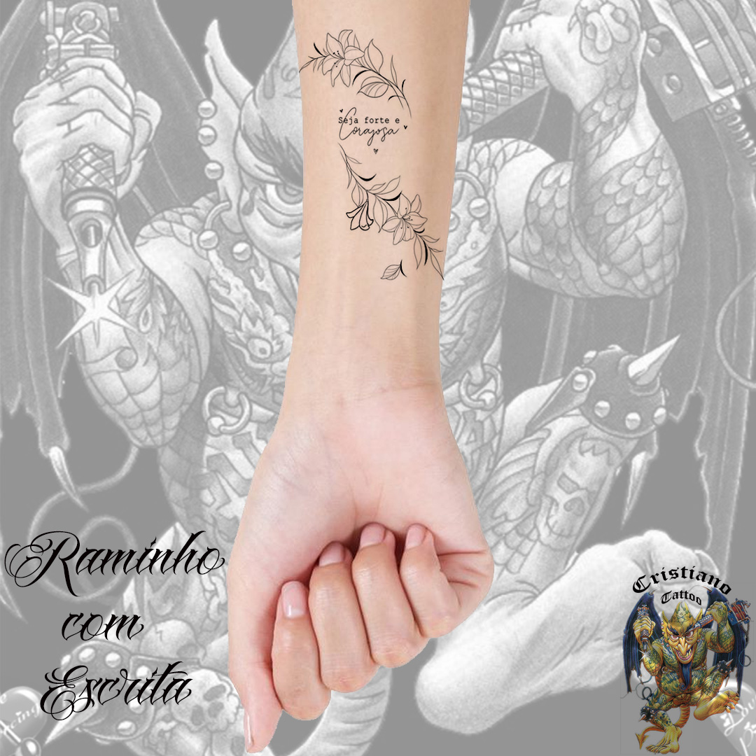 Raminho delicado de flor com escrita Seja forte e corajosa - Tatuagem no ante braço - Desenho