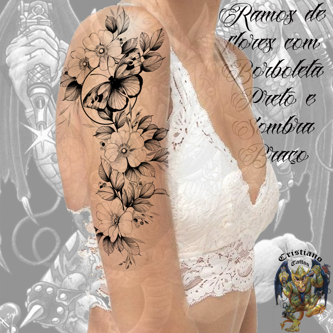 Ramos de flores com Borboleta - Preto e Sombra no Braço - Tatuagem - Desenho
